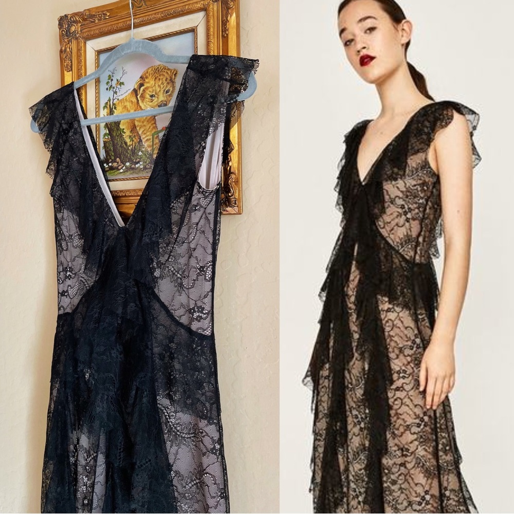 ZARA WOMAN STUDIO NWT PREMIUM Black & Nude Lace Ruffle Frill V Neck Maxi Dress - Picture 3 of 14